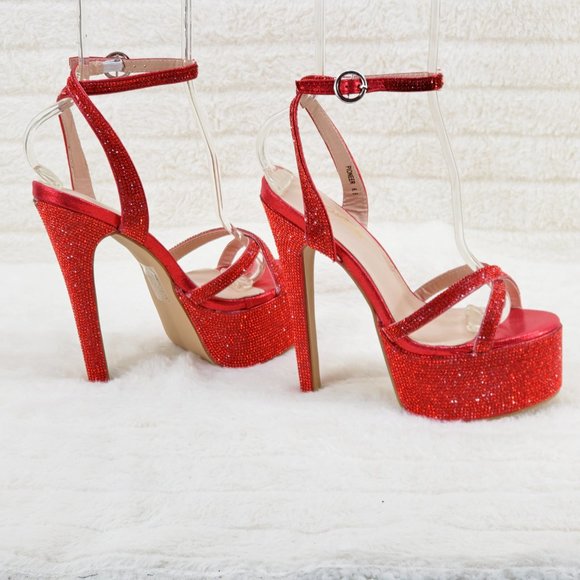 Bejeweled Pandora Bright Red Sparkling Rhinestone Platform 6.5" Heels Shoes - Picture 16 of 17